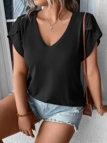 SHEIN Franclia 大碼花瓣袖V領T恤 - 黑色 - 查看 3
