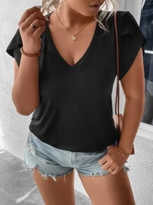 SHEIN Franclia 大碼花瓣袖V領T恤 - 黑色 - 查看 4