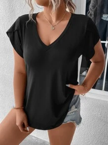 SHEIN Franclia 大碼花瓣袖V領T恤 - 黑色 - 查看 6