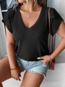 SHEIN Franclia 大碼花瓣袖V領T恤 - 黑色 - 查看 8