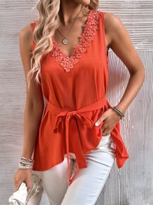 SHEIN LUNE Guipure Lace Panel Belted Blouse - Orange - View 1