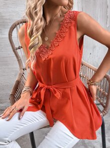 SHEIN LUNE Guipure Lace Panel Belted Blouse - Orange - View 3