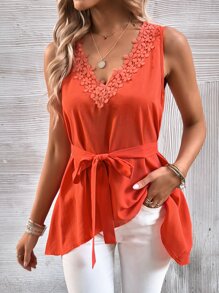 SHEIN LUNE Guipure Lace Panel Belted Blouse - Orange - View 6