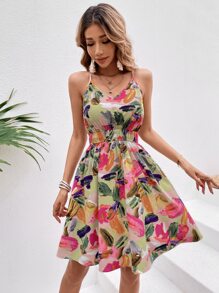 SHEIN VCAY 筆刷圖案吊帶連衣裙 - 彩色 - 查看 4