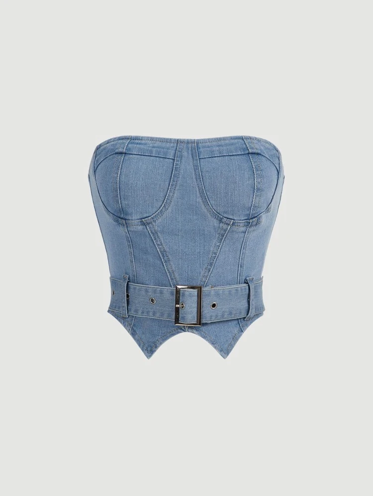 Hanky Hem Grommet Belted Tube Denim Top