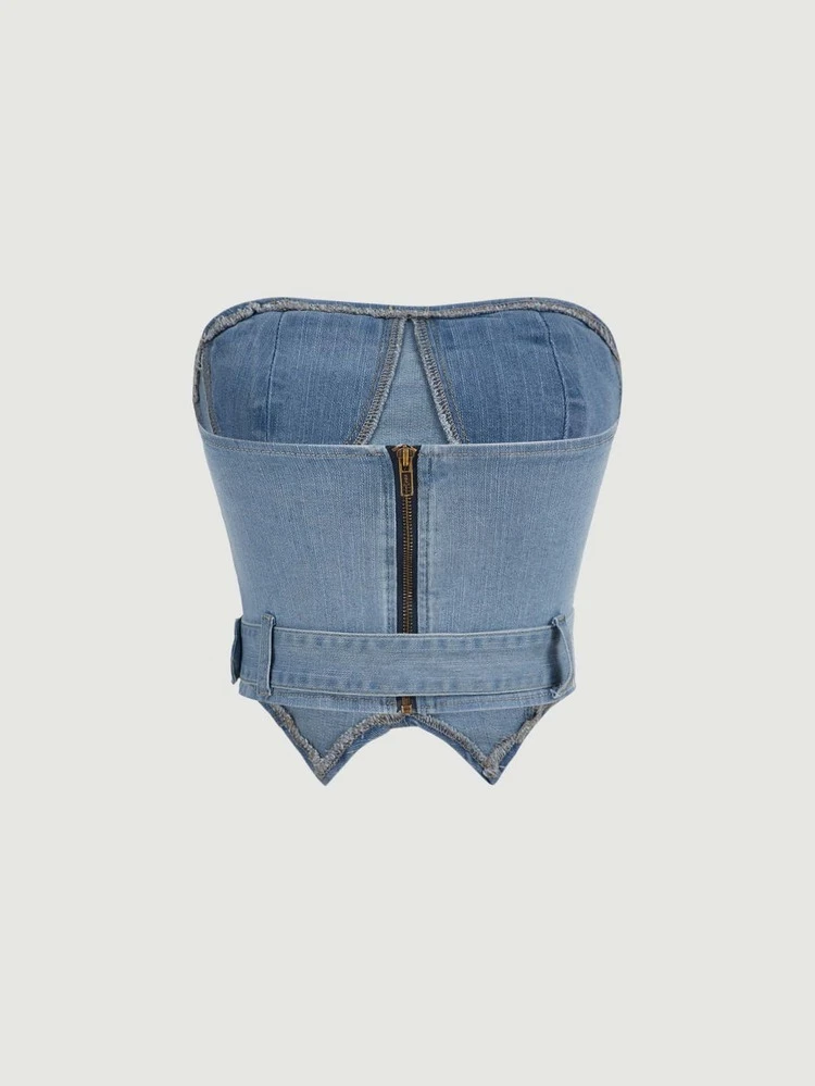 Hanky Hem Grommet Belted Tube Denim Top