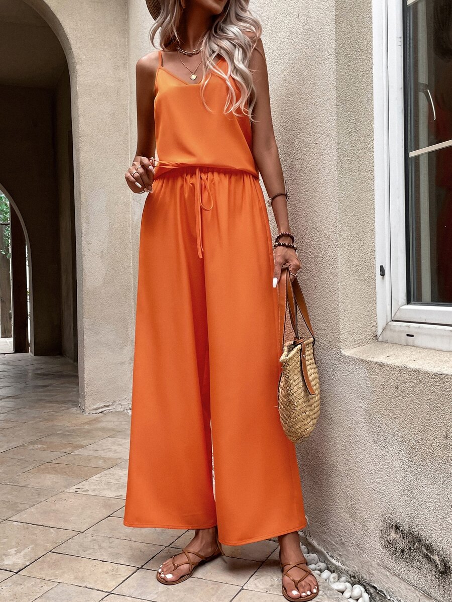 SHEIN LUNE Bộ đồ hai mảnh nữ Thắt nút màu trơn Giải trí - trái cam - Xem 1