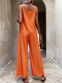 SHEIN LUNE Bộ đồ hai mảnh nữ Thắt nút màu trơn Giải trí - trái cam - Xem 2