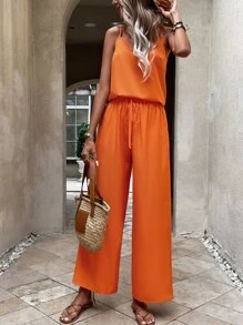 SHEIN LUNE Bộ đồ hai mảnh nữ Thắt nút màu trơn Giải trí - trái cam - Xem 3