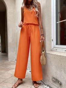 SHEIN LUNE Bộ đồ hai mảnh nữ Thắt nút màu trơn Giải trí - trái cam - Xem 4