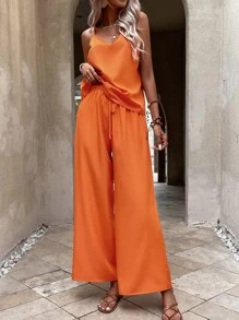 SHEIN LUNE Bộ đồ hai mảnh nữ Thắt nút màu trơn Giải trí - trái cam - Xem 5