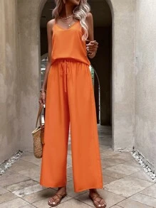 SHEIN LUNE Bộ đồ hai mảnh nữ Thắt nút màu trơn Giải trí - trái cam - Xem 6