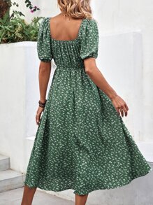Ditsy Floral Print Square Neck Puff Sleeve Dress - Green - View 2