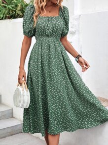 Ditsy Floral Print Square Neck Puff Sleeve Dress - Green - View 1