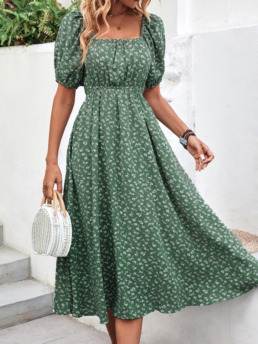 Ditsy Floral Print Square Neck Puff Sleeve Dress - Green - View 1