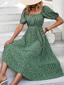Ditsy Floral Print Square Neck Puff Sleeve Dress - Green - View 6