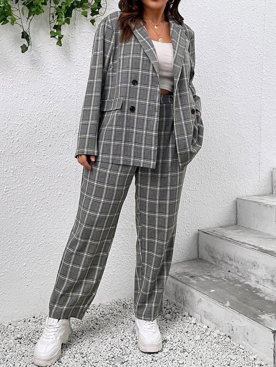 SHEIN LUNE Plus Plaid Print Double Breasted Blazer & Trousers - Light Grey - View 1