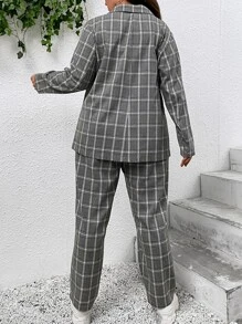 SHEIN LUNE Plus Plaid Print Double Breasted Blazer & Trousers - Light Grey - View 2