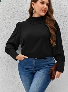 SHEIN Clasi Plus Mock Neck Lantern Sleeve Blouse - Black - View 1