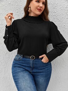SHEIN Clasi Plus Mock Neck Lantern Sleeve Blouse - Black - View 3