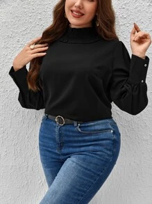 SHEIN Clasi Plus Mock Neck Lantern Sleeve Blouse - Black - View 5