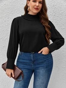 SHEIN Clasi Plus Mock Neck Lantern Sleeve Blouse - Black - View 6