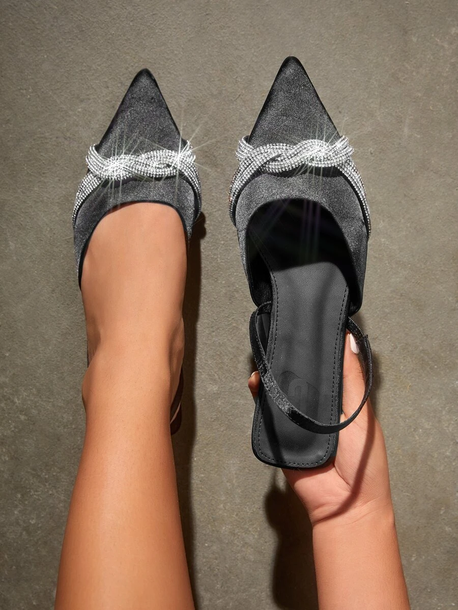 CUCCOO CHICEST Rhinestone Decor Slingback Flats - Black - View 1