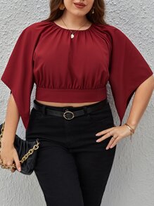 SHEIN Privé Áo sơ mi Plus Size Bất đối xứng Buộc lại màu trơn Giải trí - Màu Đỏ Sâu - Xem 1
