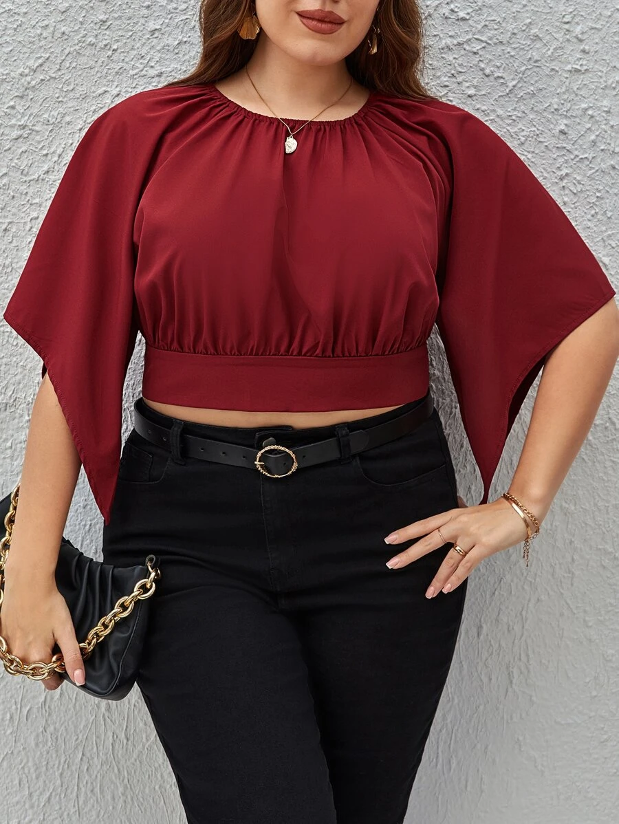 SHEIN Privé Áo sơ mi Plus Size Bất đối xứng Buộc lại màu trơn Giải trí - Màu Đỏ Sâu - Xem 1