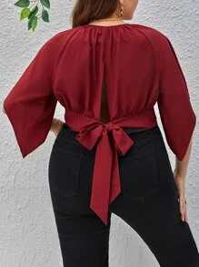 SHEIN Privé Áo sơ mi Plus Size Bất đối xứng Buộc lại màu trơn Giải trí - Màu Đỏ Sâu - Xem 2