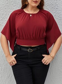 SHEIN Privé Áo sơ mi Plus Size Bất đối xứng Buộc lại màu trơn Giải trí - Màu Đỏ Sâu - Xem 4