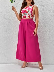 SHEIN VCAY 大碼印花單肩上衣和闊腿褲 - 玫紅色 - 查看 2