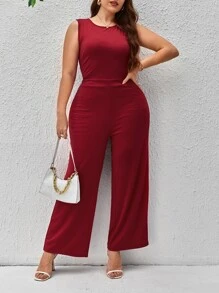 SHEIN Clasi Plus Solid Crisscross Back Wide Leg Tank Jumpsuit - Burgundy - View 1