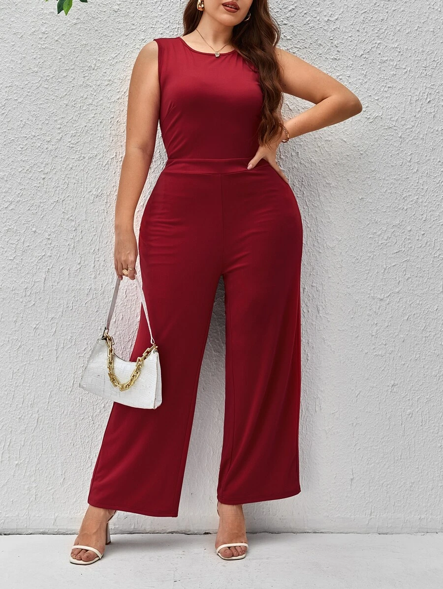 SHEIN Clasi Plus Solid Crisscross Back Wide Leg Tank Jumpsuit - Burgundy - View 1