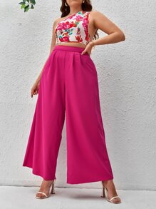 SHEIN VCAY 大碼印花單肩上衣和闊腿褲 - 玫紅色 - 查看 4