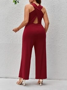 SHEIN Clasi Plus Solid Crisscross Back Wide Leg Tank Jumpsuit - Burgundy - View 2