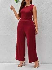 SHEIN Clasi Plus Solid Crisscross Back Wide Leg Tank Jumpsuit - Burgundy - View 4