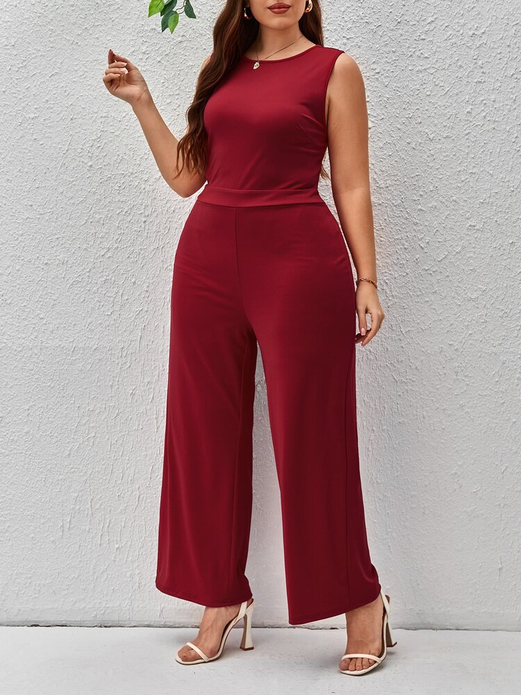 SHEIN Clasi Mono tank unicolor de espalda con tira cruzada de pierna ancha - Burdeos - Añade 4