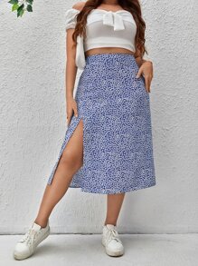 Dreamara 大碼碎花高衩半身裙 - 藍白色 - 查看 1