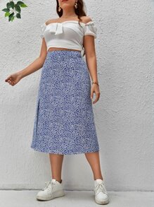 Dreamara 大碼碎花高衩半身裙 - 藍白色 - 查看 3