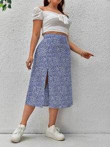 Dreamara 大碼碎花高衩半身裙 - 藍白色 - 查看 5