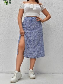 Dreamara 大碼碎花高衩半身裙 - 藍白色 - 查看 6