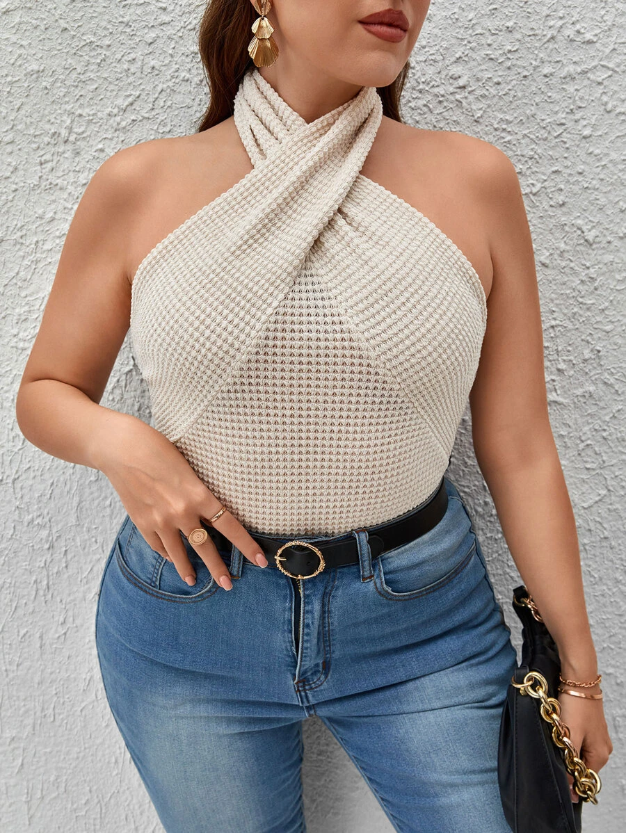 SHEIN Privé 大碼十字交叉掛脖上衣 - 米色 - 查看 1