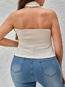 SHEIN Privé 大碼十字交叉掛脖上衣 - 米色 - 查看 2