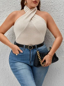 SHEIN Privé 大碼十字交叉掛脖上衣 - 米色 - 查看 4