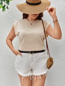 SHEIN LUNE 大碼素色蝙蝠袖T恤 - 米色 - 查看 1