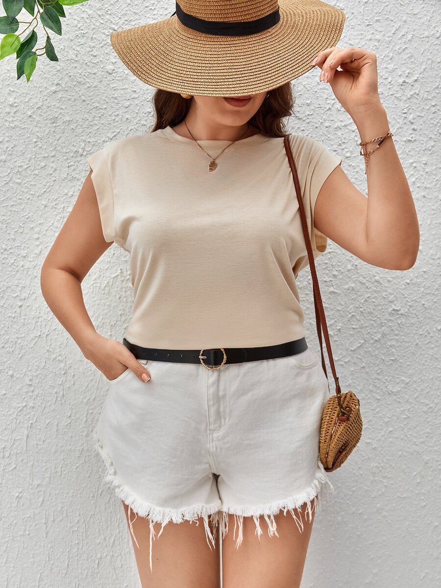 SHEIN LUNE 大碼素色蝙蝠袖T恤 - 米色 - 查看 1