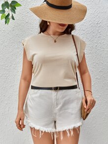 SHEIN LUNE 大碼素色蝙蝠袖T恤 - 米色 - 查看 5