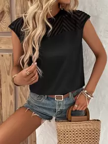 SHEIN LUNE 網紗拼接後鎖孔襯衫 - 黑色 - 查看 1