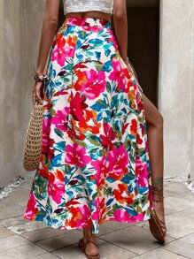 Breezaya Floral Print Split Thigh Skirt Fall Cloth For Women - Multicolor - View 2